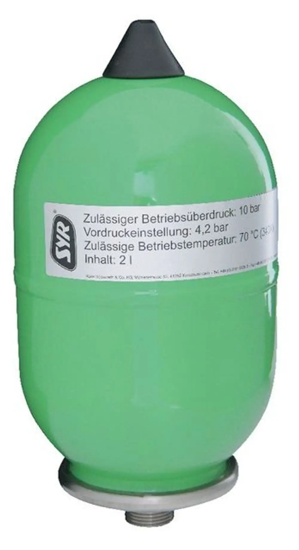 Grünes Expansionsgefäß von Syr mit schwarzem Aufsatz. Aufkleber mit technischen Angaben zu Druck, Temperatur und Inhalt an der Seite sichtbar.